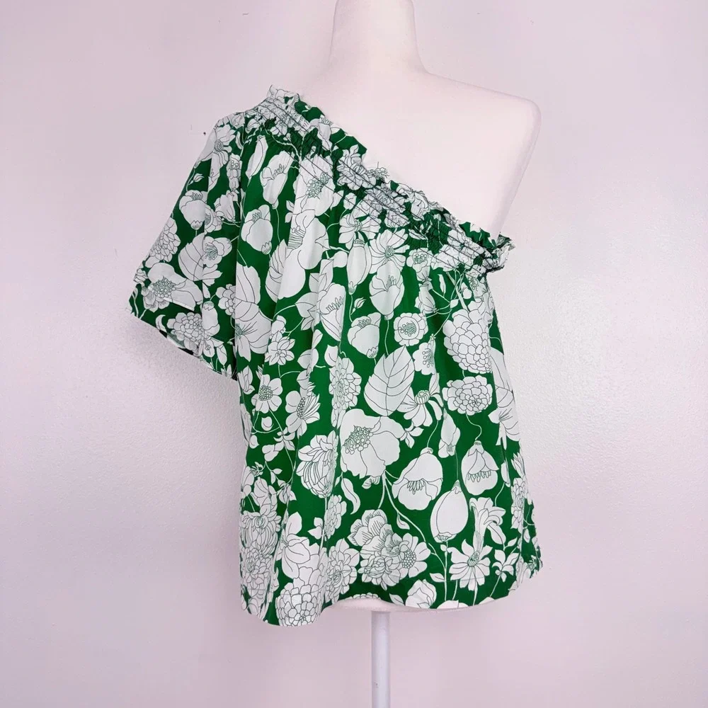 J.Crew One Shoulder Floral Top L Kelly Green Smocked Cotton Poplin Cottagecore - Picture 7 of 14